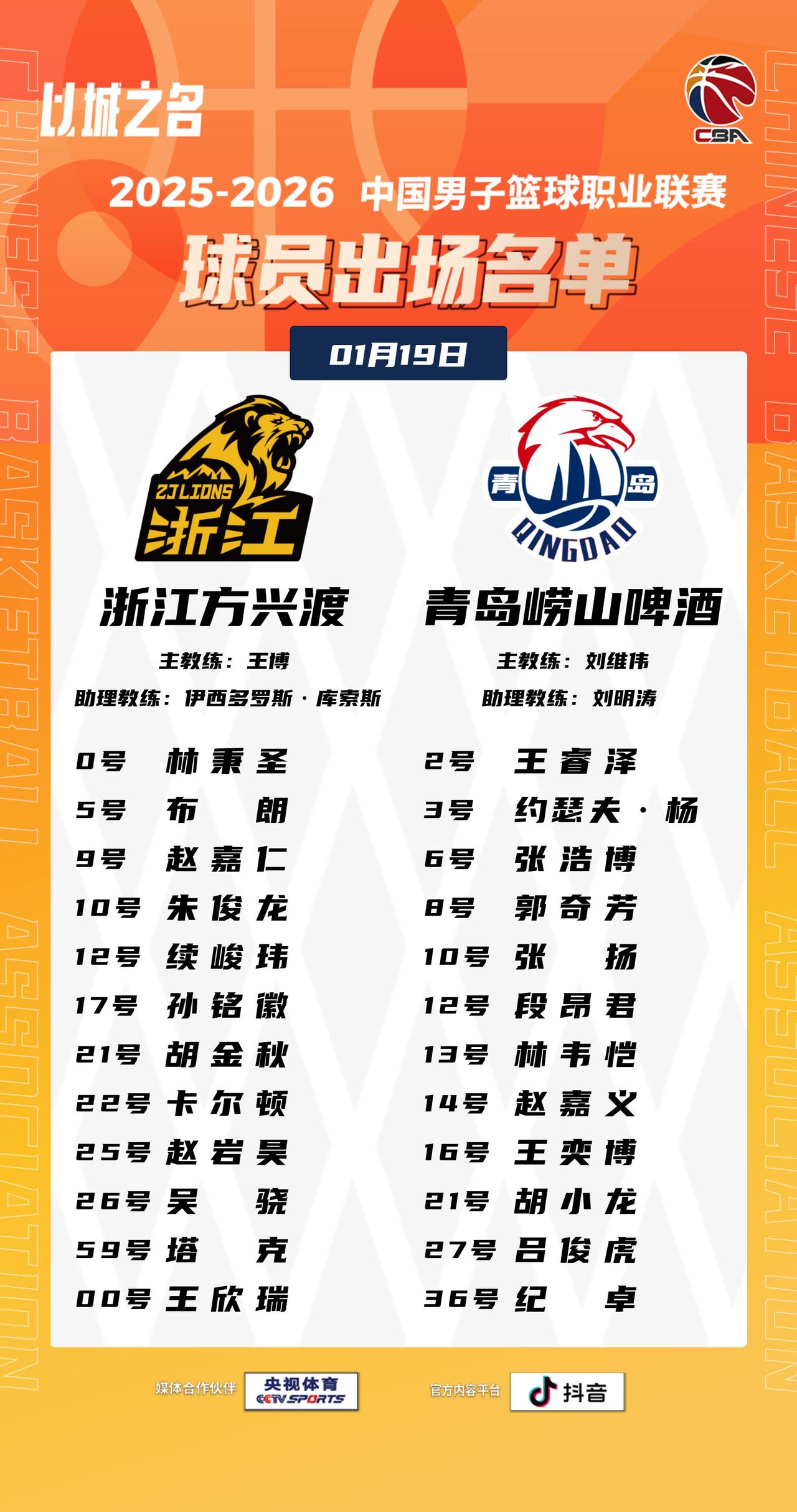 【大名单出炉】2025-2026赛季CBA联赛常规赛第十七轮今晚开打，4场比赛将