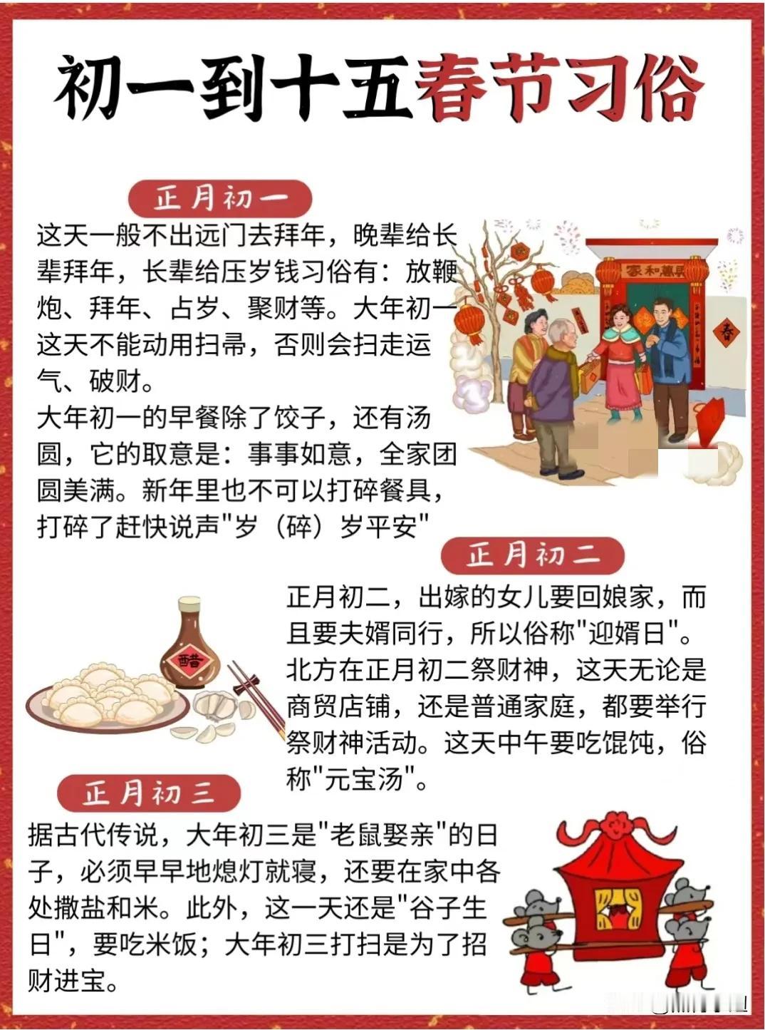 终于有人将初一到十五的春节习俗全都详细的整理出来了，赶紧带孩子来了解传统习俗！#