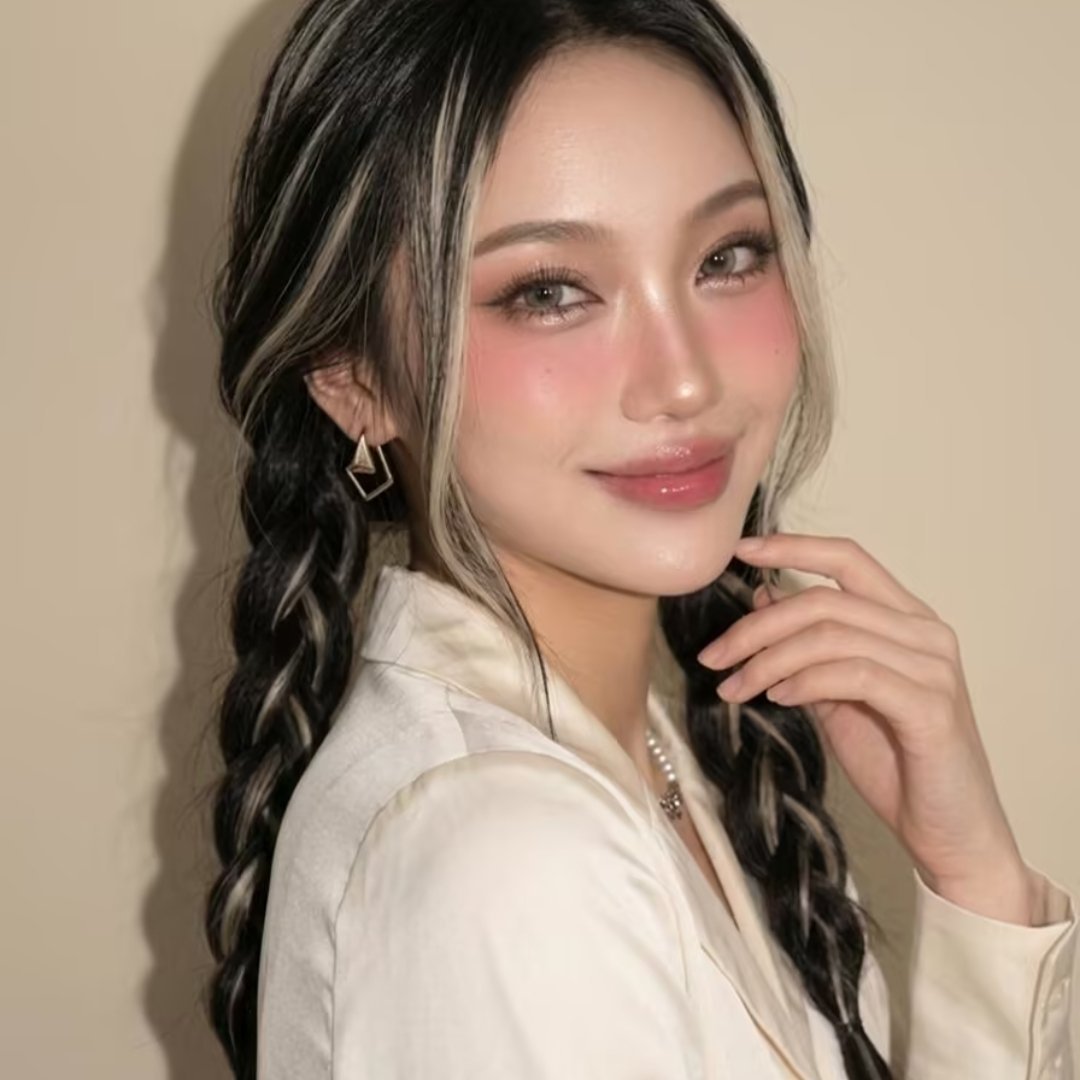 挑染双麻花辫|甜酷混血感韩系妆造黑白挑染双麻花也太有个性了，高颅顶蓬松编发搭配浅