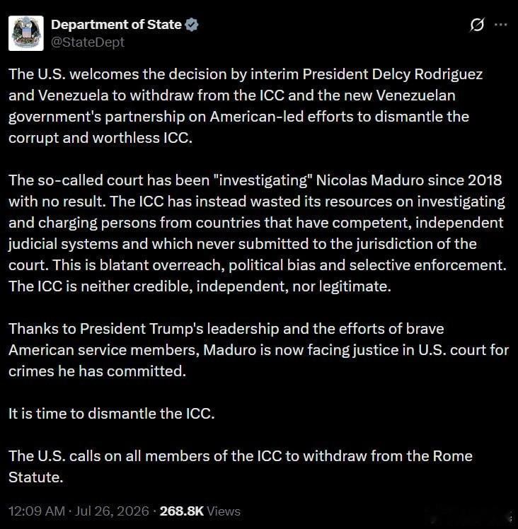 美国国务院对委内瑞拉退出国际刑事法院的决定表示欢迎，并呼吁其他成员国效仿。美国国