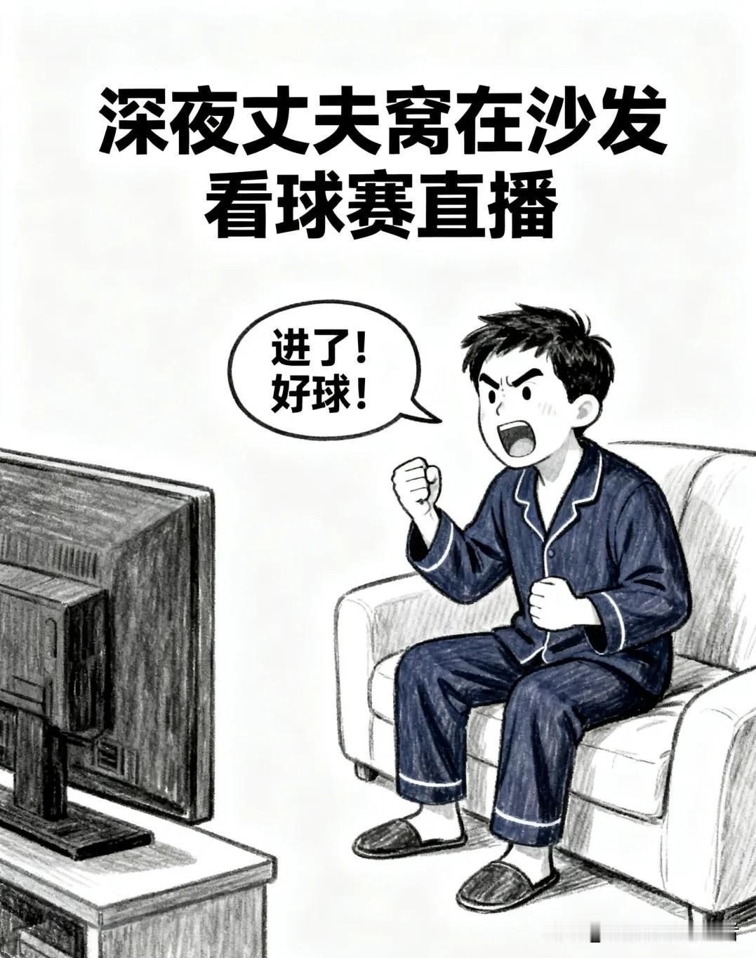 趣味漫画：深夜看球我大喊：进了！好球！老婆扯我衣角：老公，我想孩子了……我懵：我