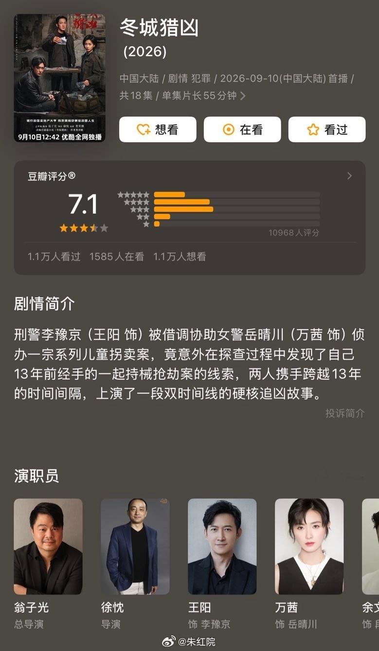 刘学义、谭松韵《兰香如故》豆瓣开分7.5王阳、万茜《冬城猎凶》豆瓣开分7.1王子