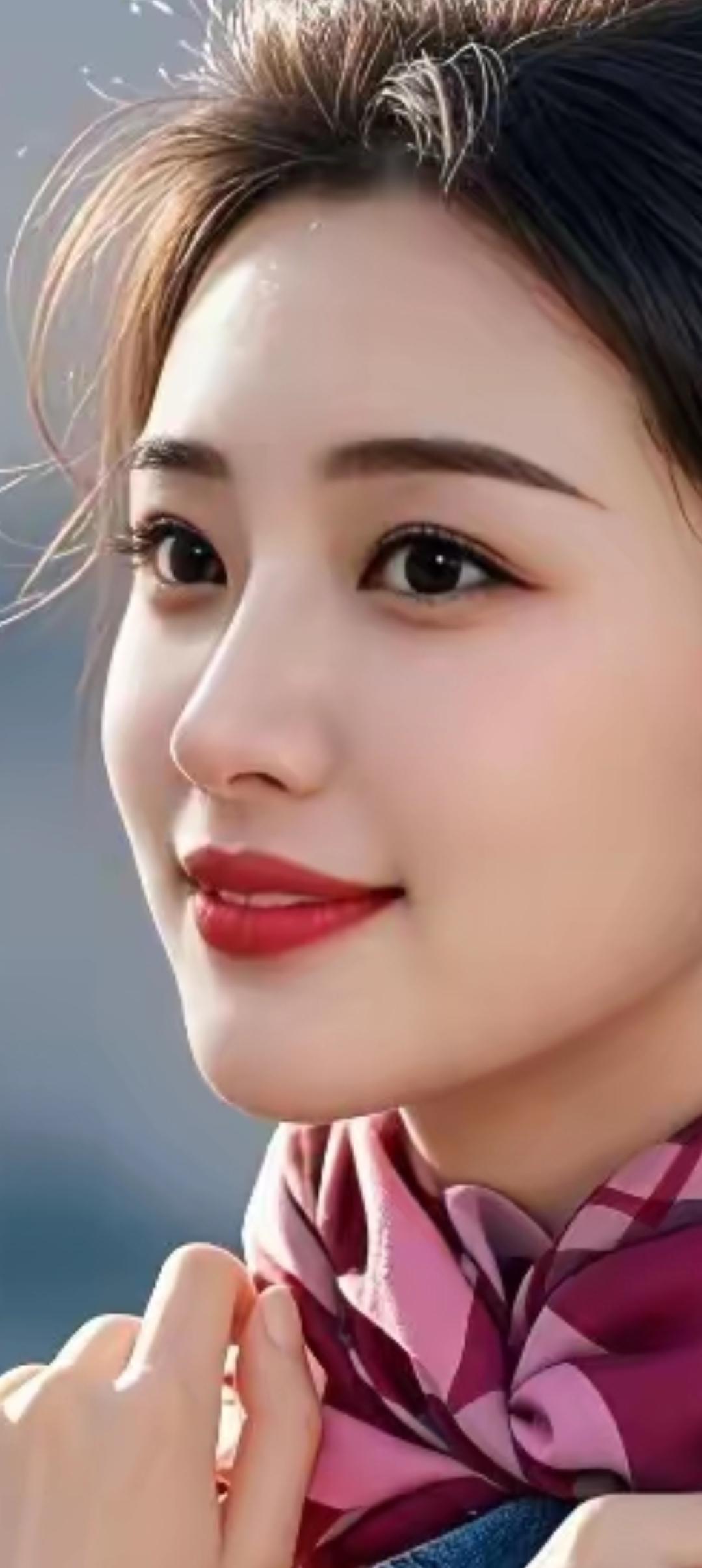 温柔甜美的微笑，粉色围巾点缀，冬日里的暖阳