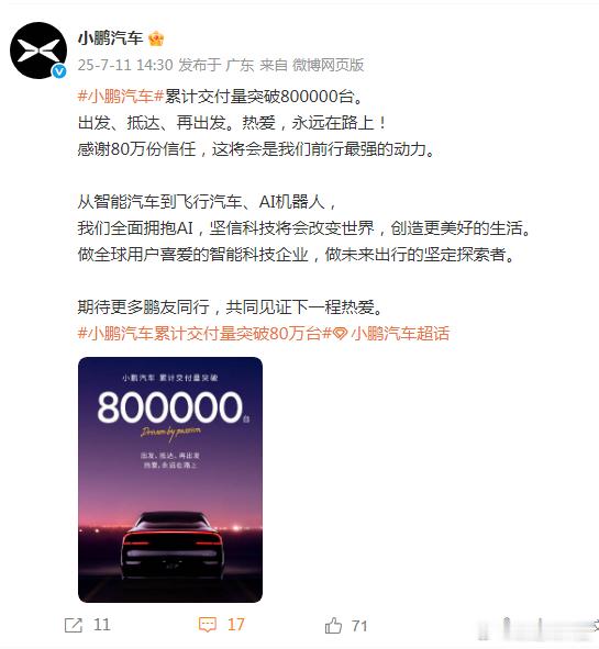 【小鹏汽车累计交付量突破80万台】今日，小鹏汽车官方发文宣布，小鹏汽车累计交付量