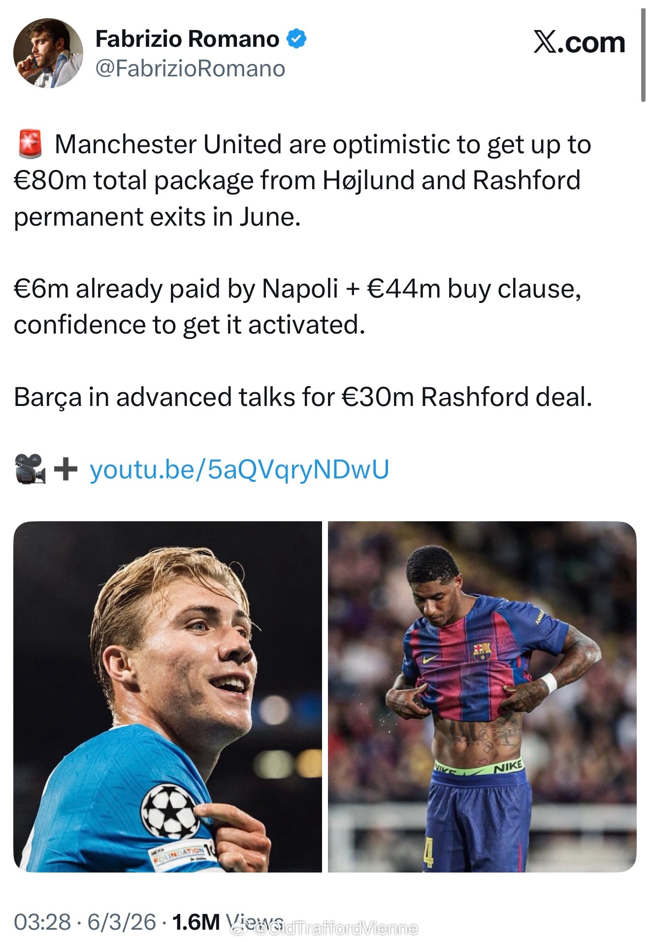 罗曼诺：曼联有望通过出售霍伊伦和拉什福德收回8000万欧元。那不勒斯和巴萨都很大