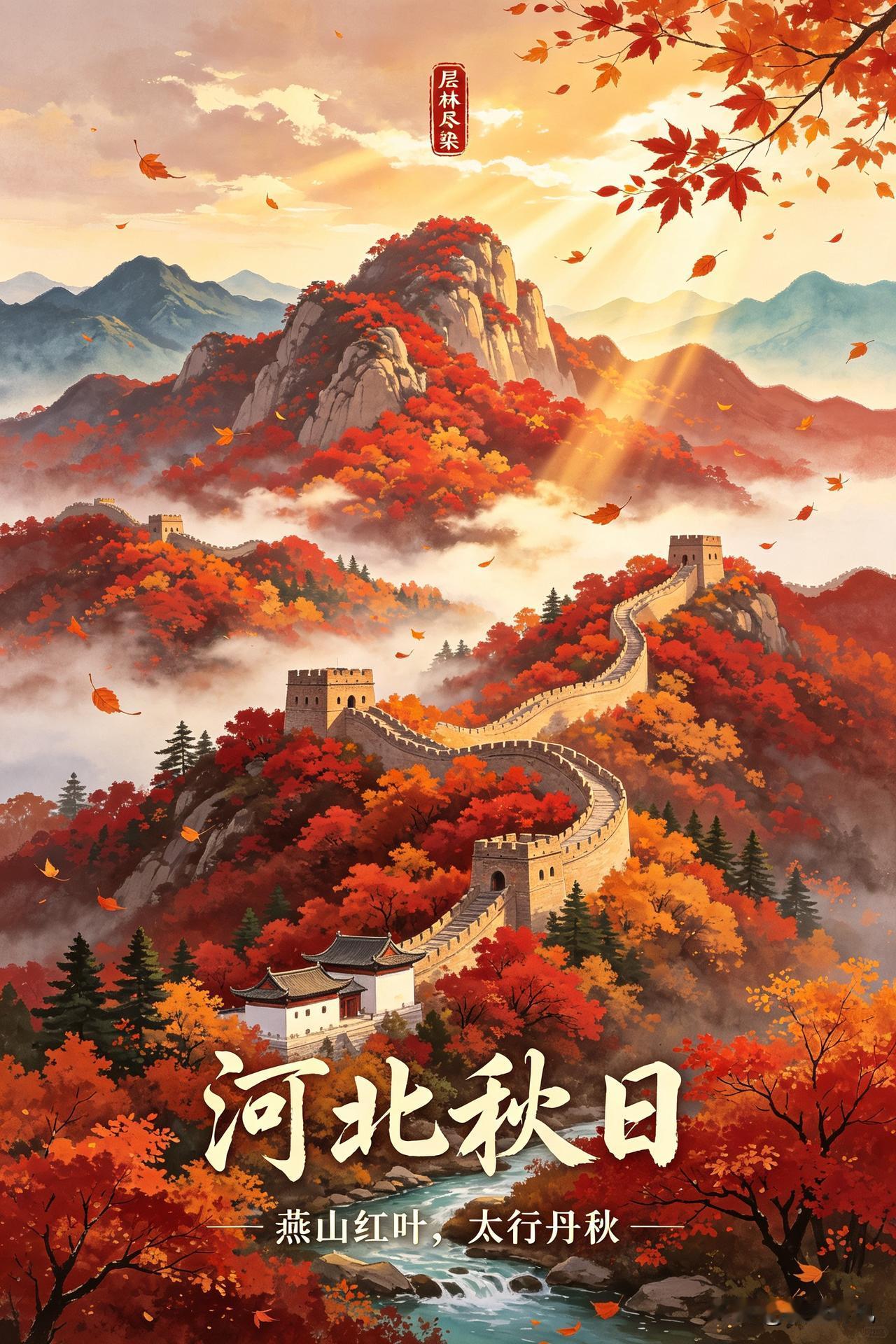 别处的秋是温柔浅淡的，而河北的秋是盛大磅礴、热烈滚烫的。这里的红叶从北向南次第铺