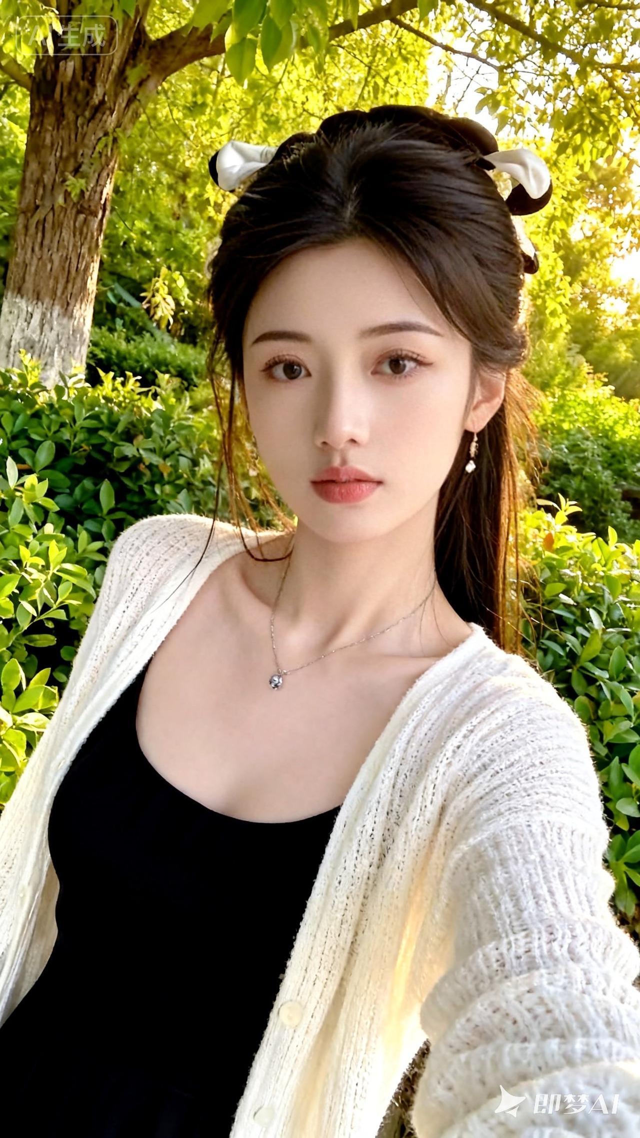 夏日清新穿搭，白色针织衫搭配黑色吊带，自然光下更显温柔。