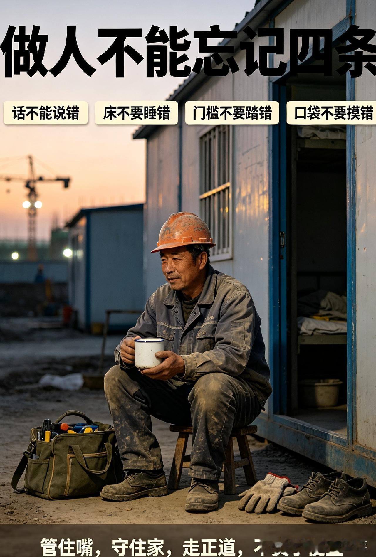 咱们在外打工过日子，一辈子要记牢四件大事。

说话千万不能随口乱讲，祸都是从嘴里