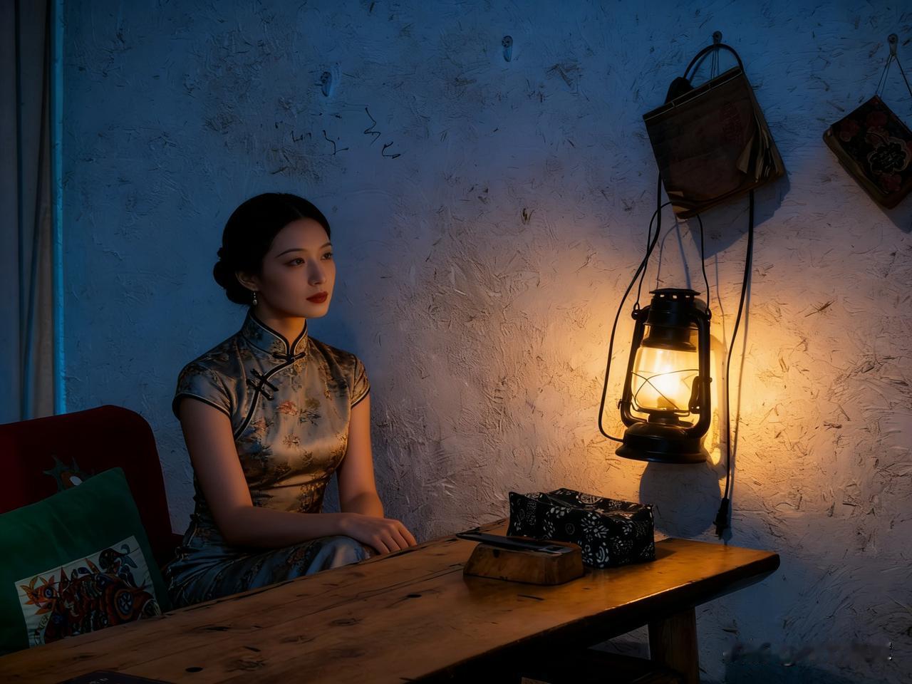 灯影下的旗袍，宛如一首流动的诗。“油盏昏黄落素墙，旗袍织锦泛流光”，短短两句，就