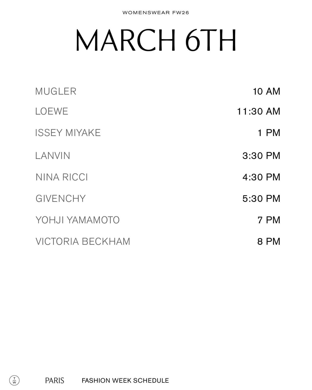 2026秋冬巴黎时装周时刻表时装周巴黎时装周