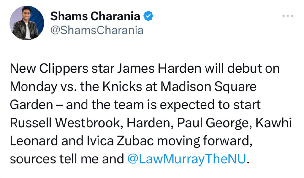 #哈登威少同时首发##哈登确认出战尼克斯##NBA你我皆主角# 四巨头来啦！哈登