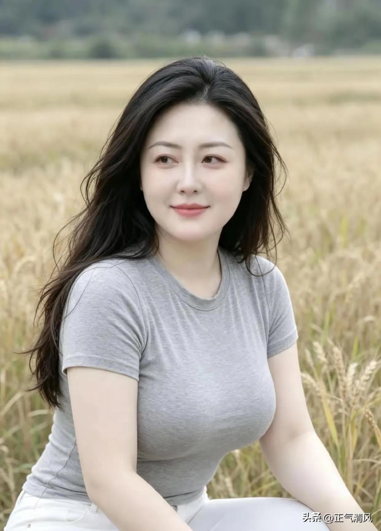 一个美女坐在田野里微笑。
