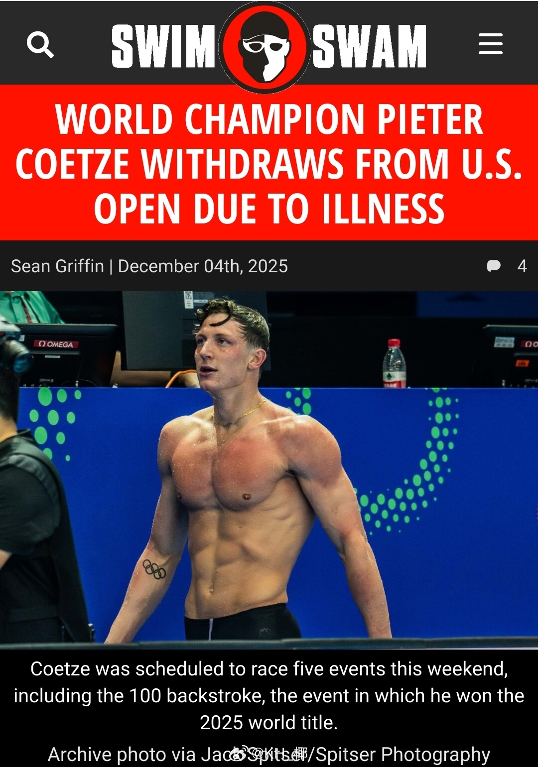 美国游泳公开赛 🇿🇦Pieter Coetze因为生病退出这次比赛，早日康复