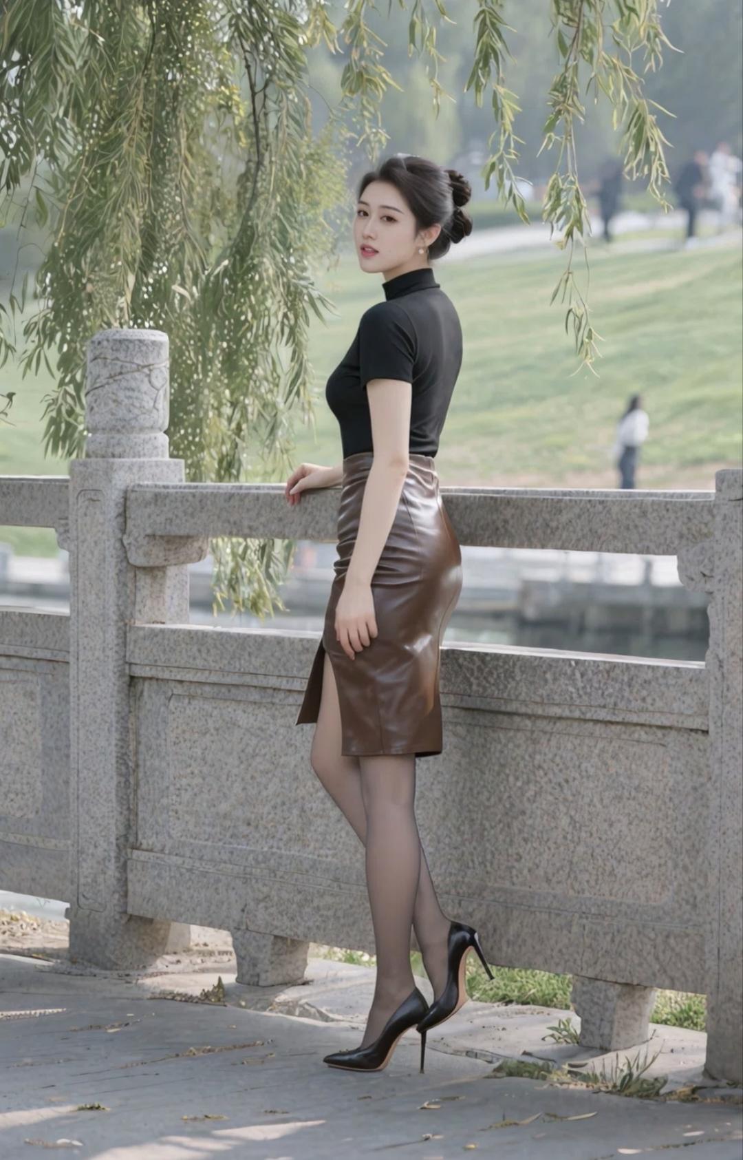 简约黑衣衬身姿
棕皮裙自带从容
不必繁复堆砌
利落线条，便是成熟底气
 
气质从