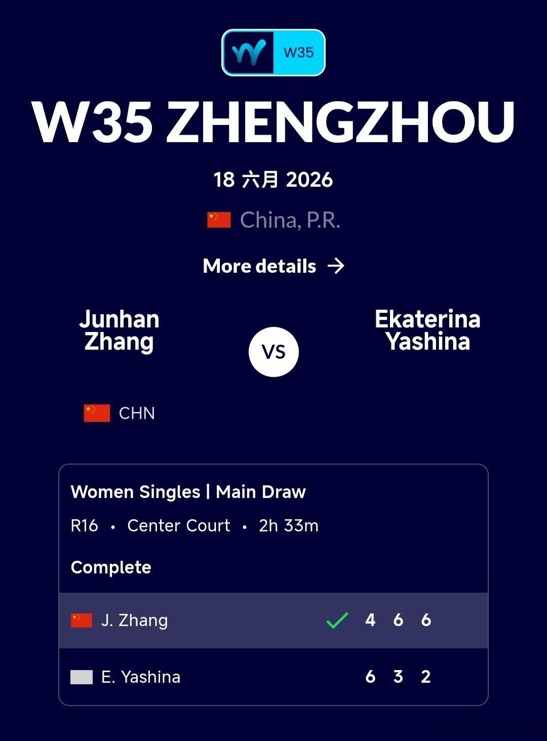 W35郑州站🇨🇳女单第2轮张筠涵🇨🇳4-6/6-3/6-2逆转战胜亚希娜
