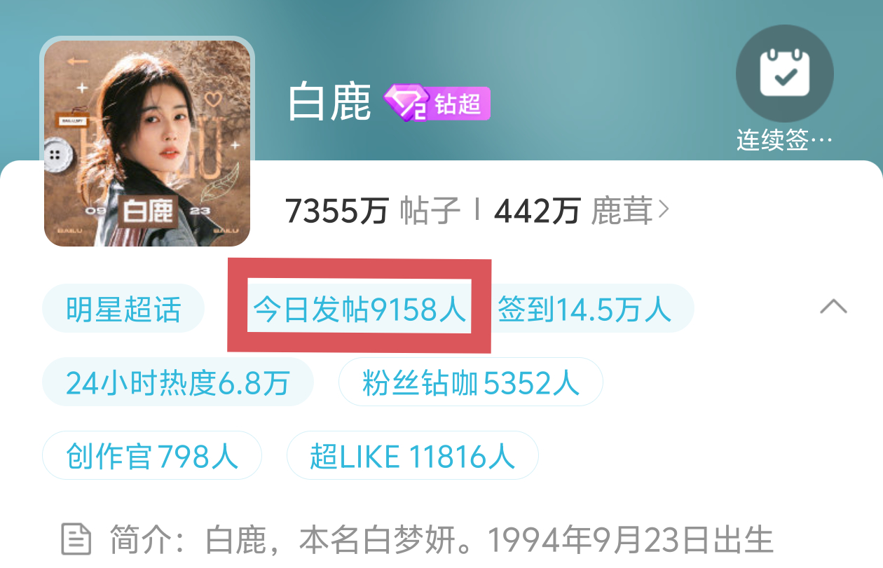 白鹿[超话]🦌白鹿 🦌白鹿李青月 临门一脚，五点前破🥣努力拼搏，天天快乐 