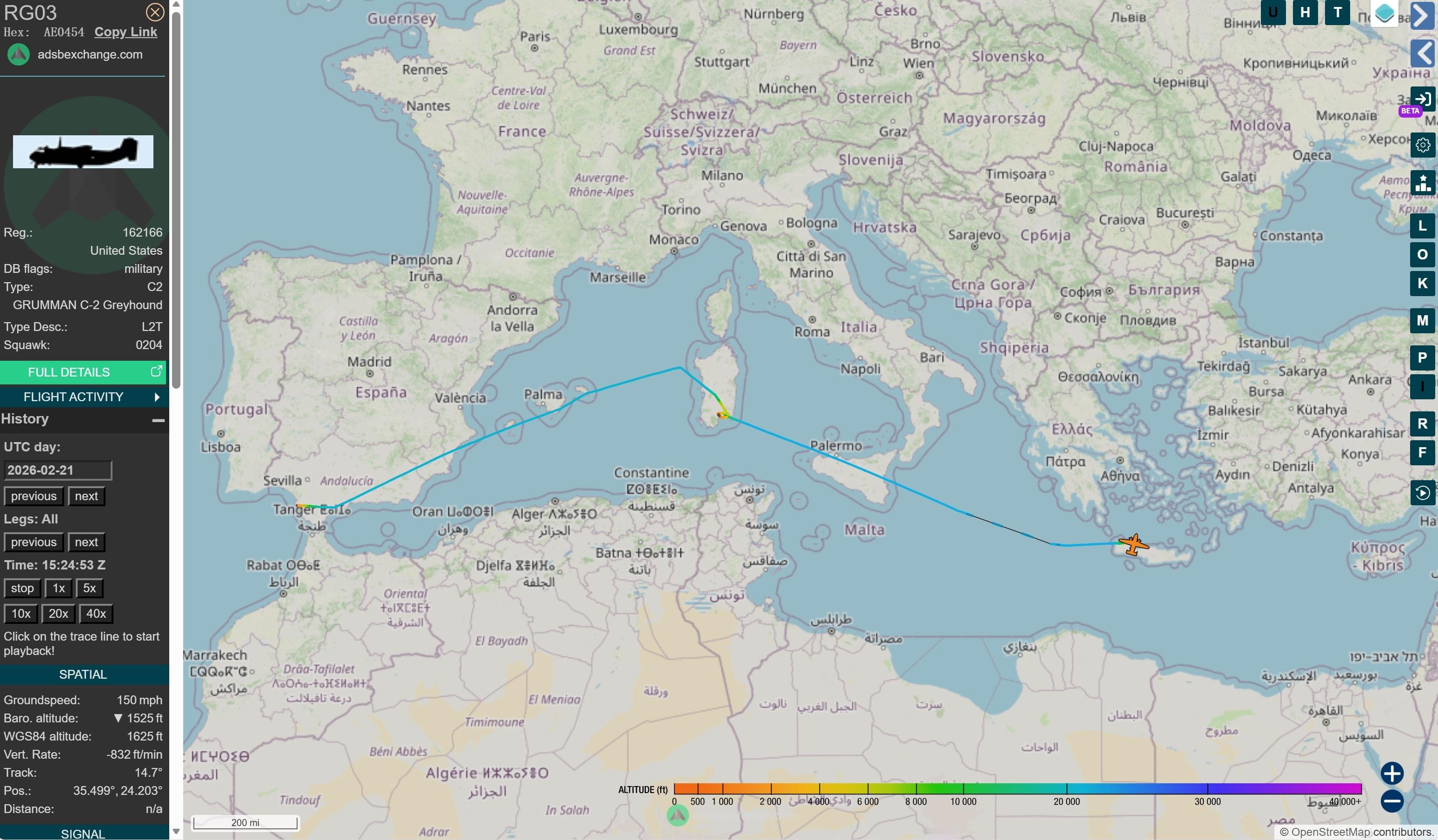 2月21号，美国海军福特号航母(CVN-78)的两架C-2A同时从罗塔经撒丁岛飞