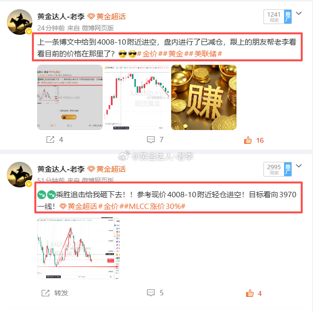 行情破位4000关口没能走延续，4009空单打了保本自动离场，现行因晚间美联储，