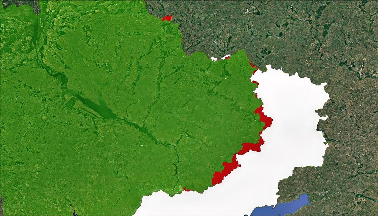 红色区域是俄军从2025年2月到2026年2月，这一年打下来的的领土。

俄军总