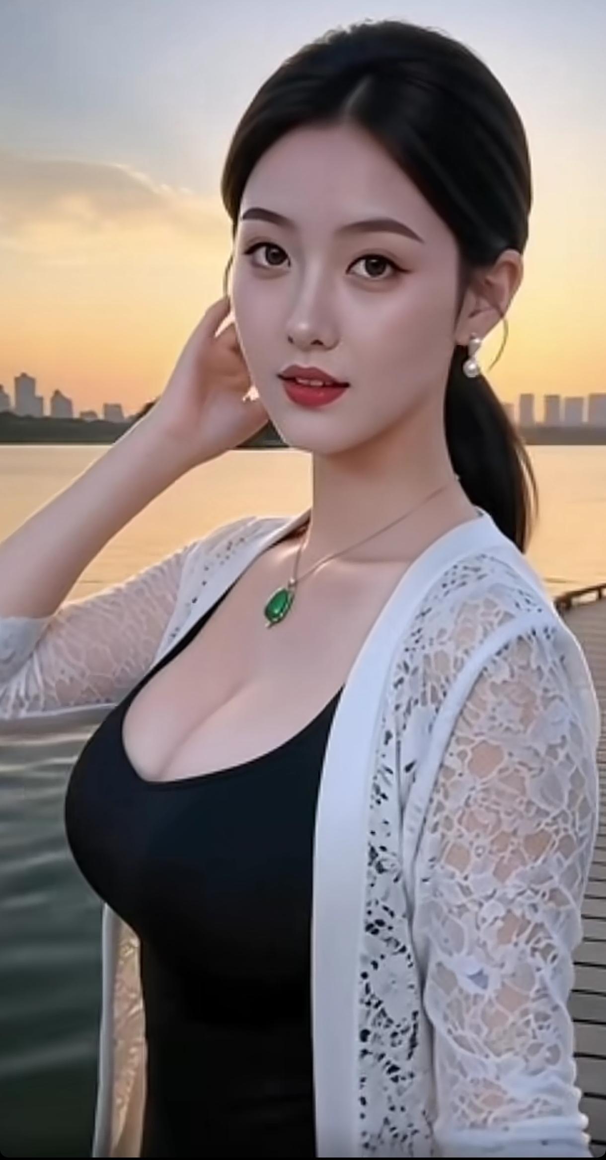 夕阳下的温柔时光，黑裙与白纱的完美搭配，绿宝石项链点缀，优雅动人。美女的美丽瞬间