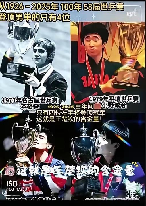 从1926年到2025年100年，58届世乒赛，左手将登顶男单冠军的只有四位：1