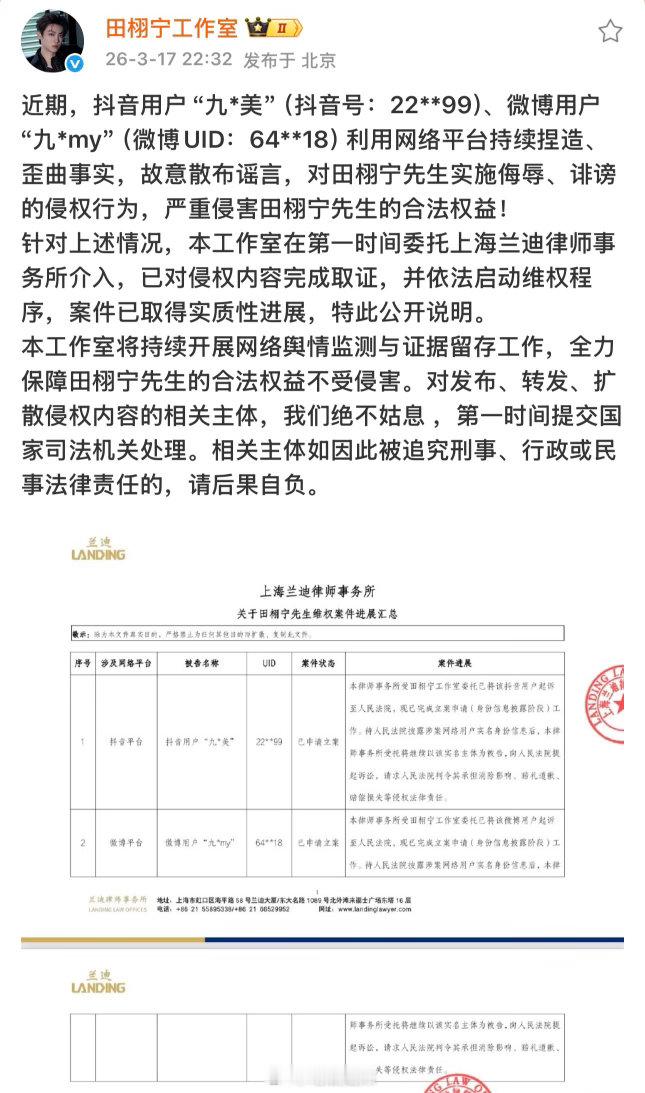 田栩宁工作室告了九成美 田栩宁工作室告了九成美，原来之前没回应是默默在走起诉流程