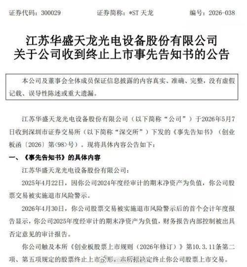 【拟终止上市！深交所出手】 5月7日晚间，*ST天龙（300029）与*ST赛隆