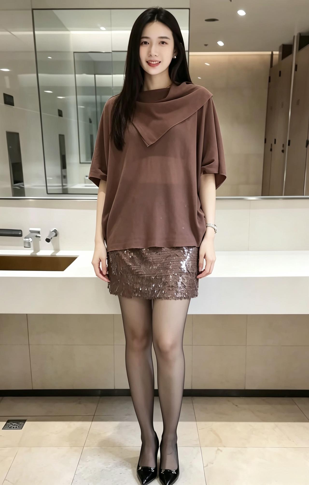 素面无浓饰，棕衣自带香。
裙摇珠砾碎，袜透玉肤长。
笑里藏温软，眸中蕴暖阳。
相