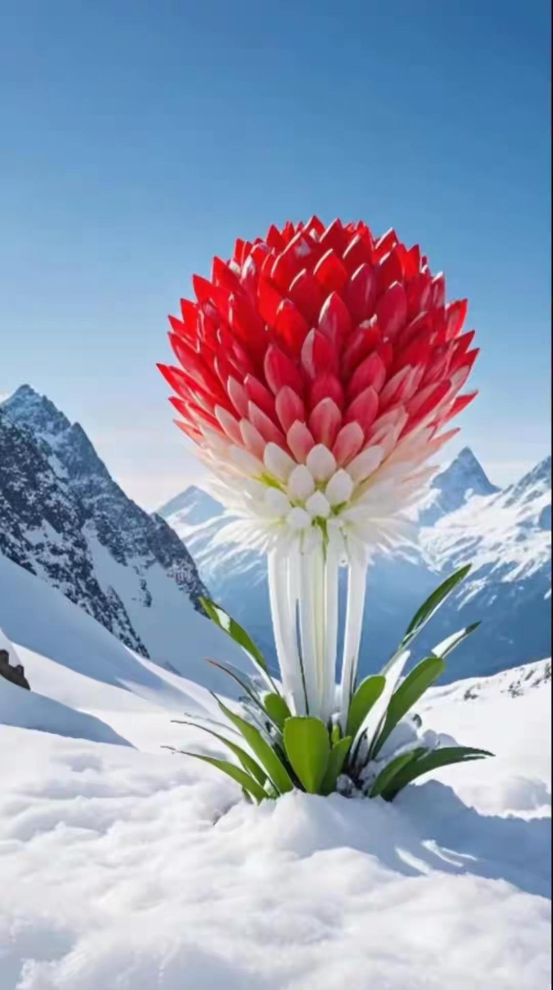 一朵红白相间的花在雪地里绽放，美不胜收