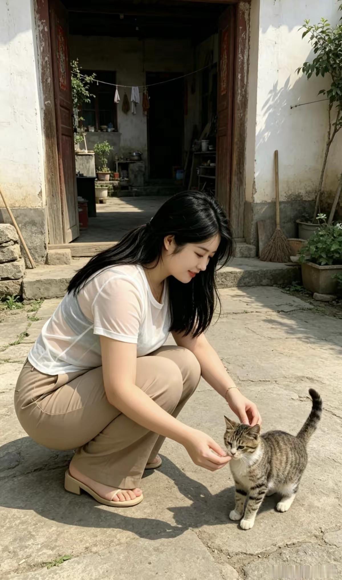阳光洒在庭院里，温柔地抚摸着小猫的毛发。