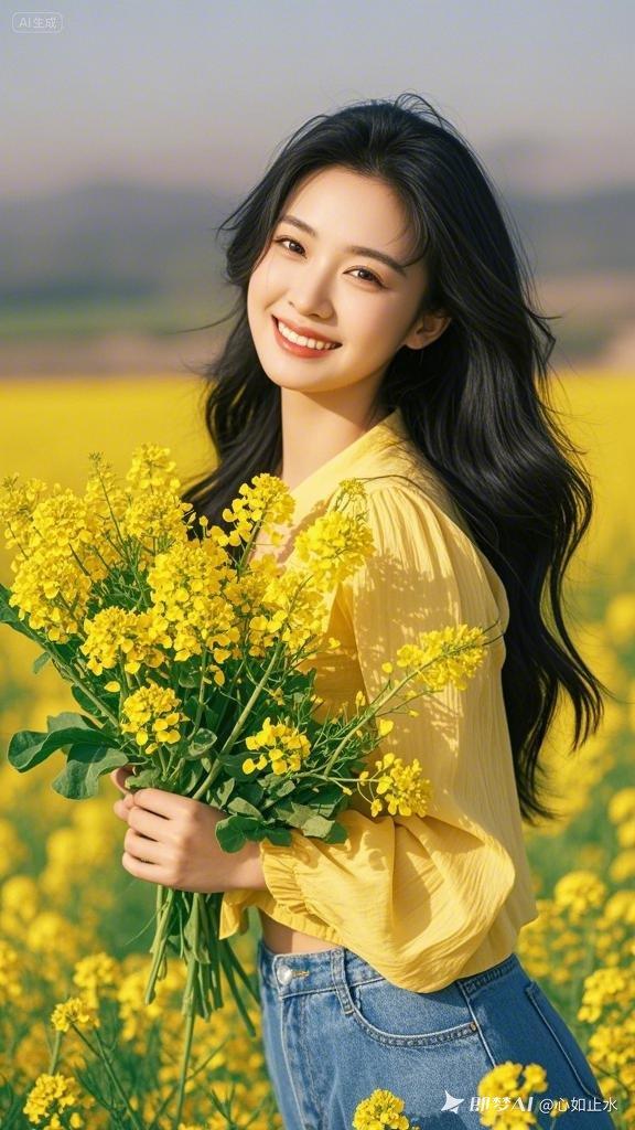 阳光下的花海，微笑的少女，春日里的美好时光。🌸🌼🌺