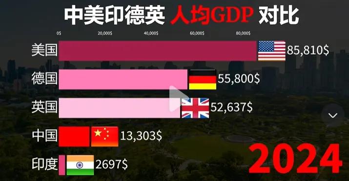去年有代表性的五个国家——中、美，印、德、英。

美国是我们的6倍左右，我们又是