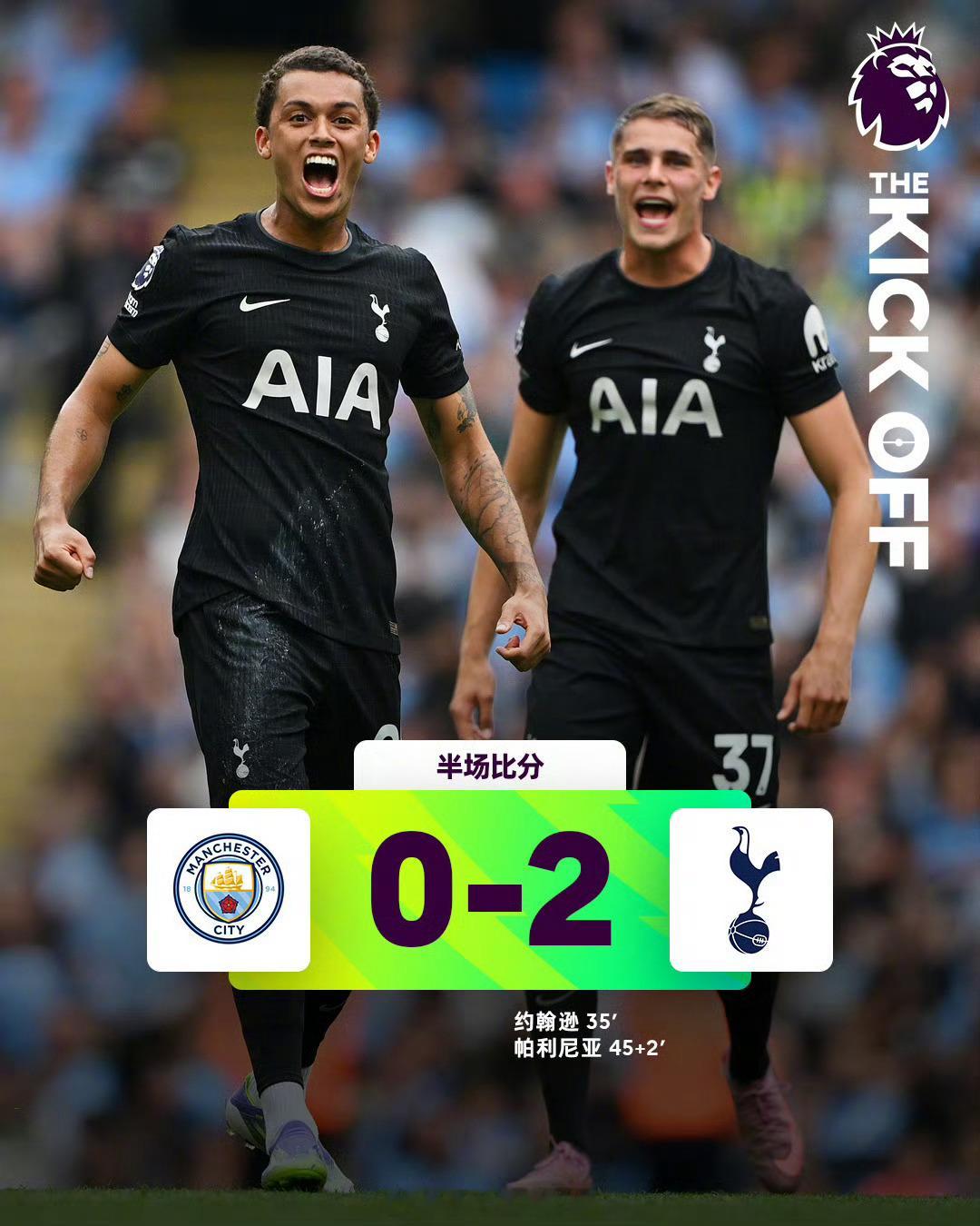 曼城0比2热刺英超联赛第2轮，约翰逊和帕利尼亚相继破门。曼城连续两年主场不敌热刺