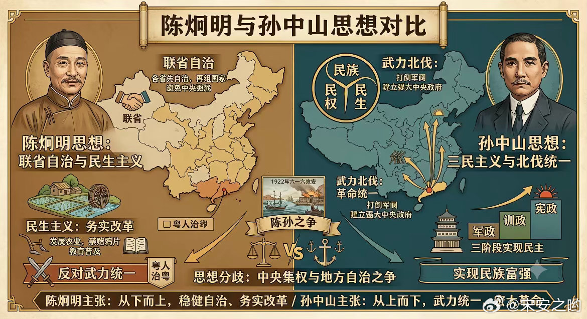 一张图看明白陈炯明和孙中山的思想对比。陈炯明主张：从下而上，稳健自治，务实改革。