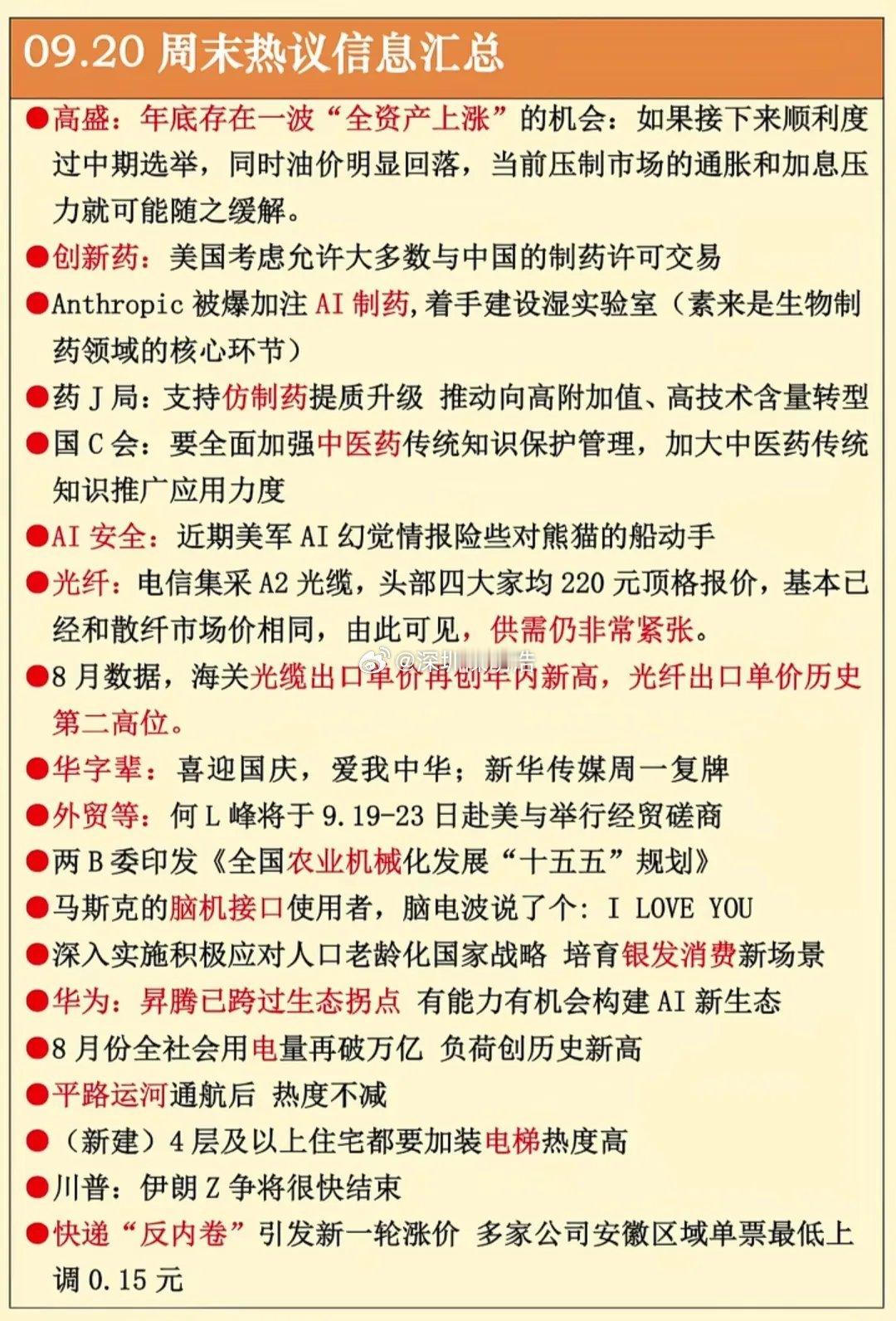 周末热点+下周重点事件+人气龙头一览9月20日周末迎来密集产业消息，AI领域An