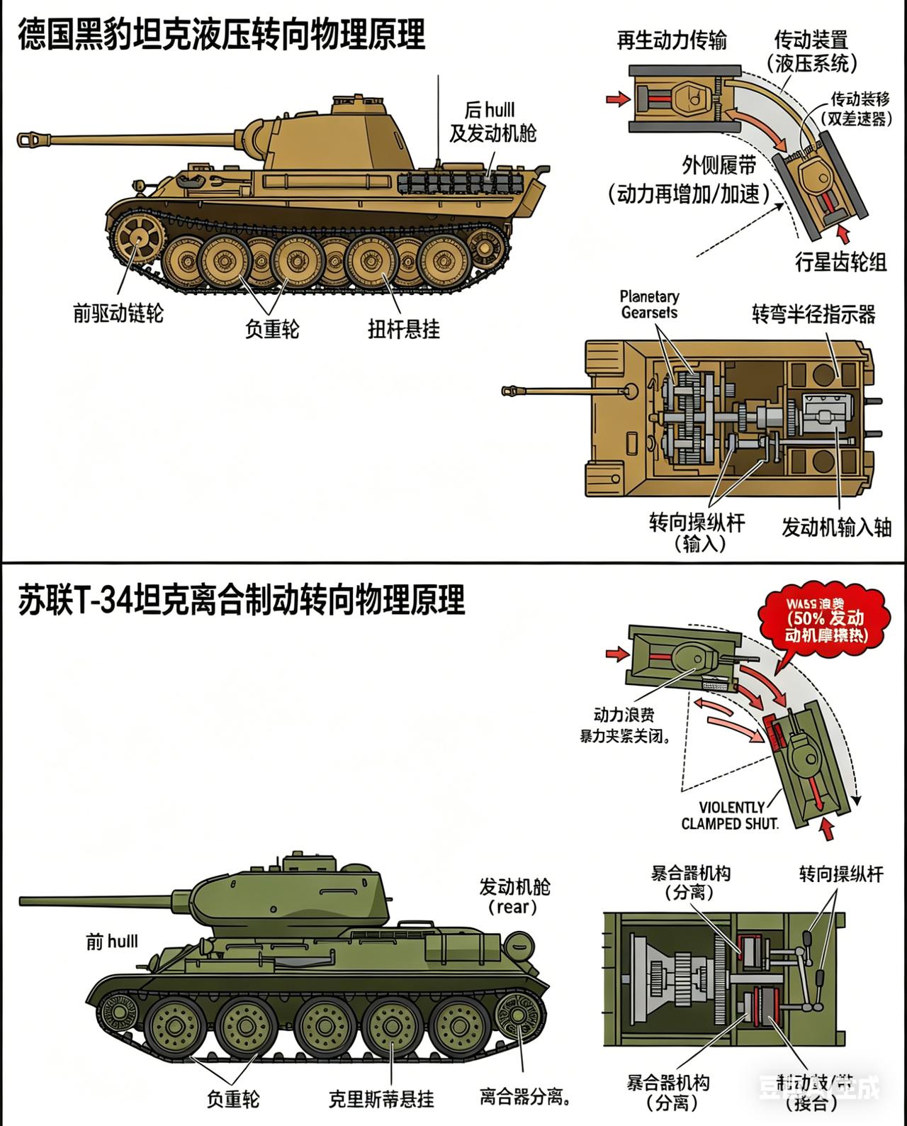 没有方向盘的坦克，全靠两条履带 “差速转弯”，但实现方式的不同，直接决定了战场生