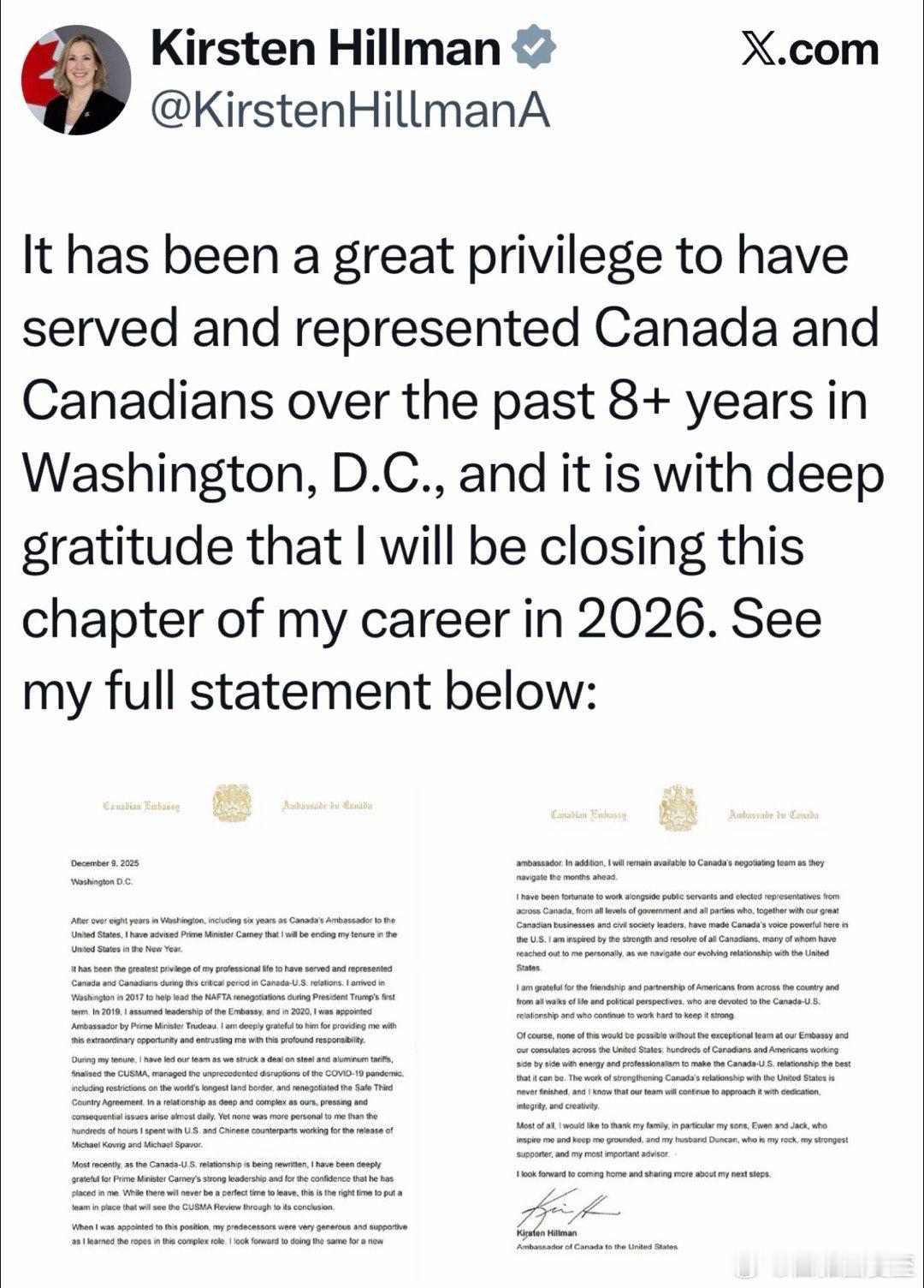加拿大🇨🇦驻美🇺🇸大使宣布辞职2017派驻DC，负责“美墨加贸易协定”的