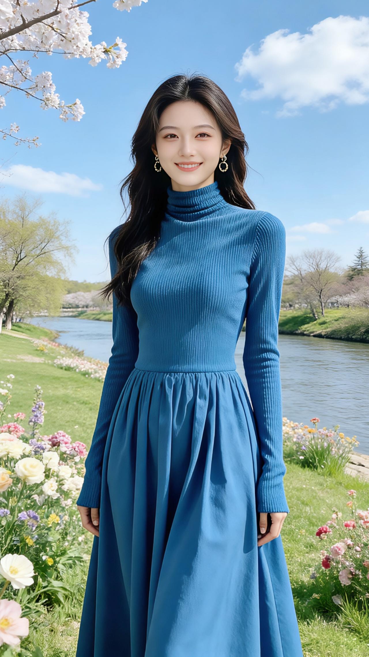 蓝裙与春
 
风把樱花瓣吹落在肩头时，她正站在河岸边，蓝裙被风掀起温柔的弧度。