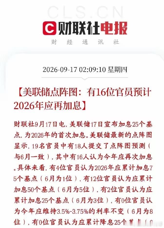 美联储加息一次还没完，官员预计还要加，美股直接跳水美联储这次加息25个基点，同时