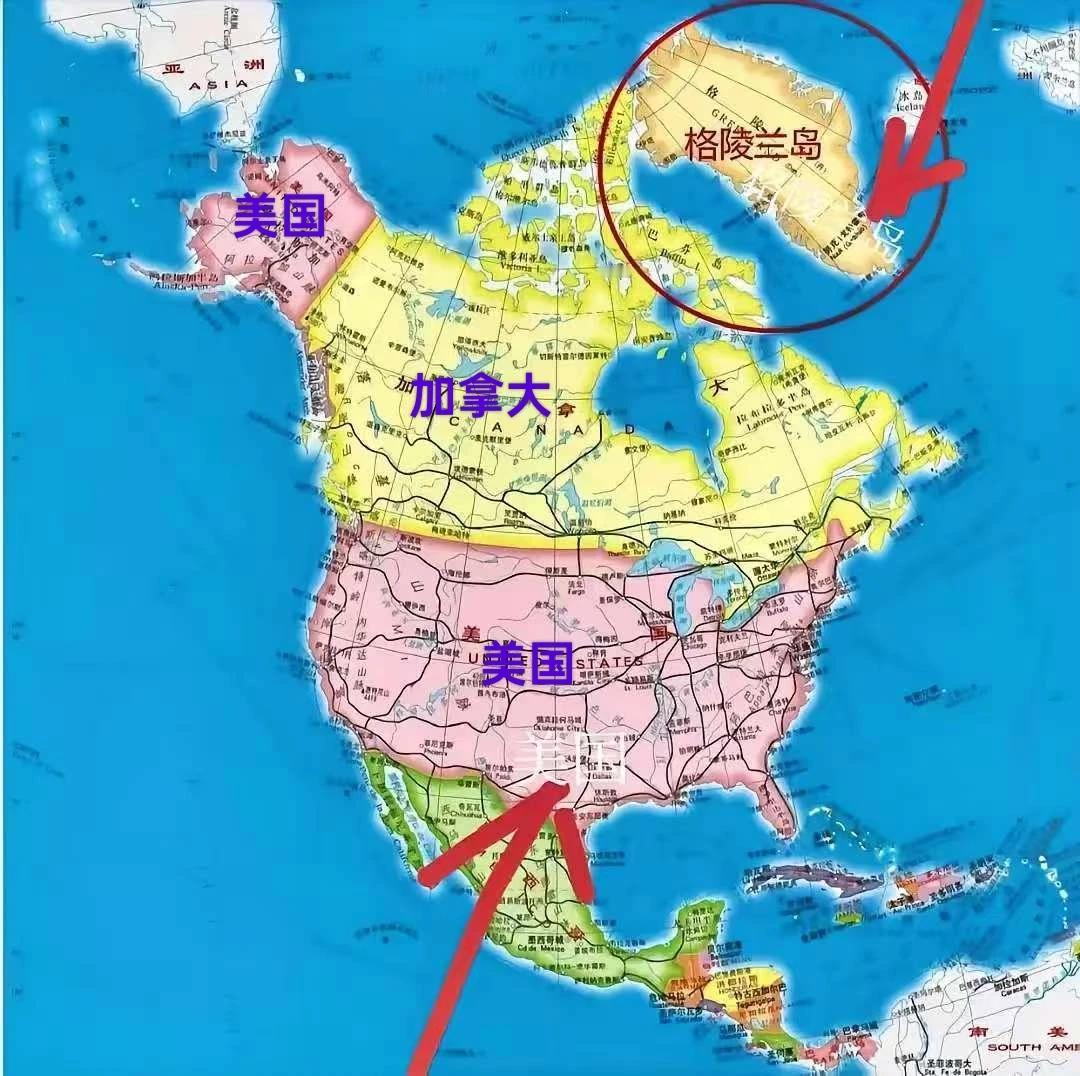 吞并格陵兰岛，加拿大则在美国的包围之中。