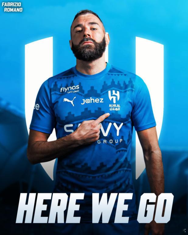 知名记者罗马诺确认，法国巨星本泽马即将从吉达联合转会加盟利雅得新月，here w