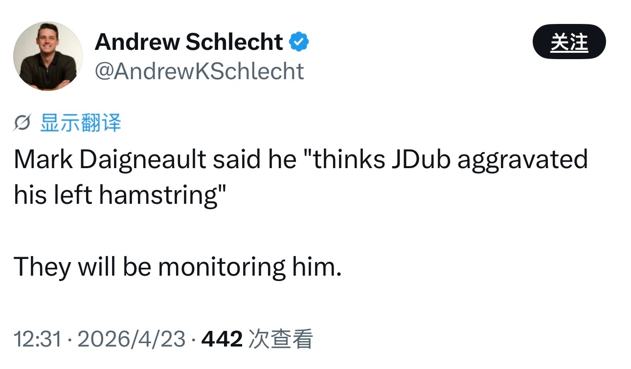 戴格诺特表示，他“认为杰威的左侧腘绳肌伤势加重了”，球队将对他的情况进行持续监测
