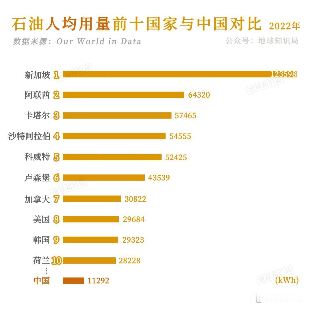 石油人均用量，新加坡竟然全球第一。
中国连前10都进不了，大约是新加坡零头的1/