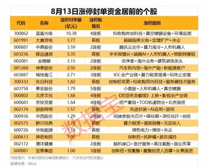 8月13日涨停封单资金居前标的： 