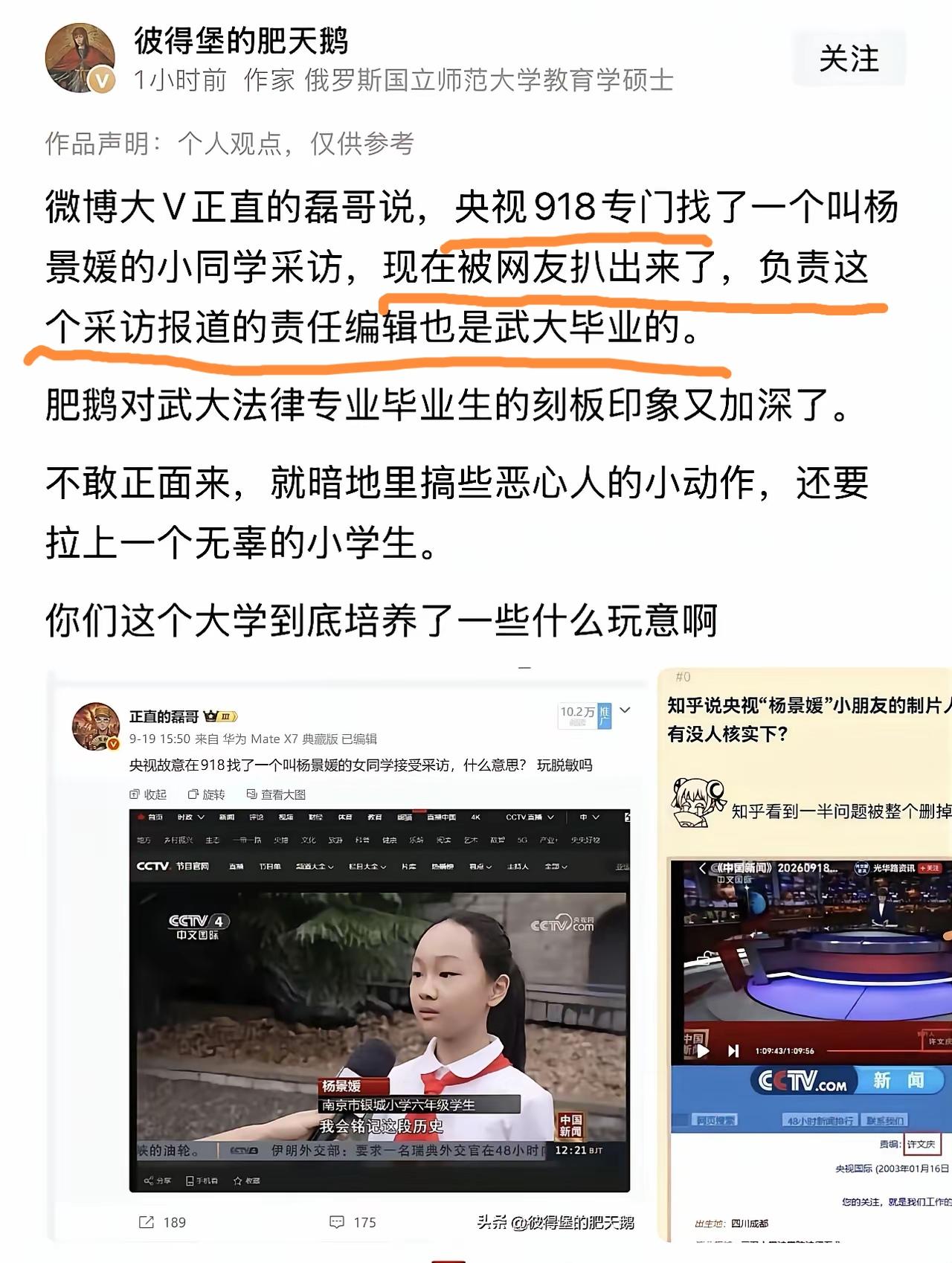 网友至今都难以置信，这位从武大毕业，负责本次采访报道的责任编辑，居然会在央视91