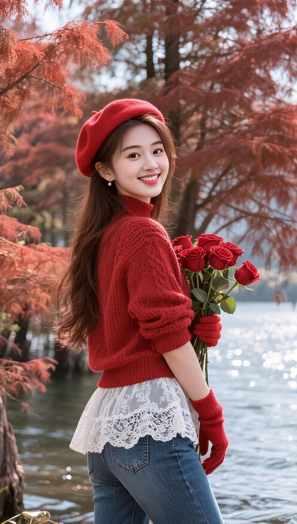 AI湖畔红装照 抖音ai创作 高颜值 颜值