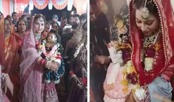 印度女子与神像结婚
一个28岁的印度女子，叫平基·夏尔玛，是克里希纳神的信徒。三