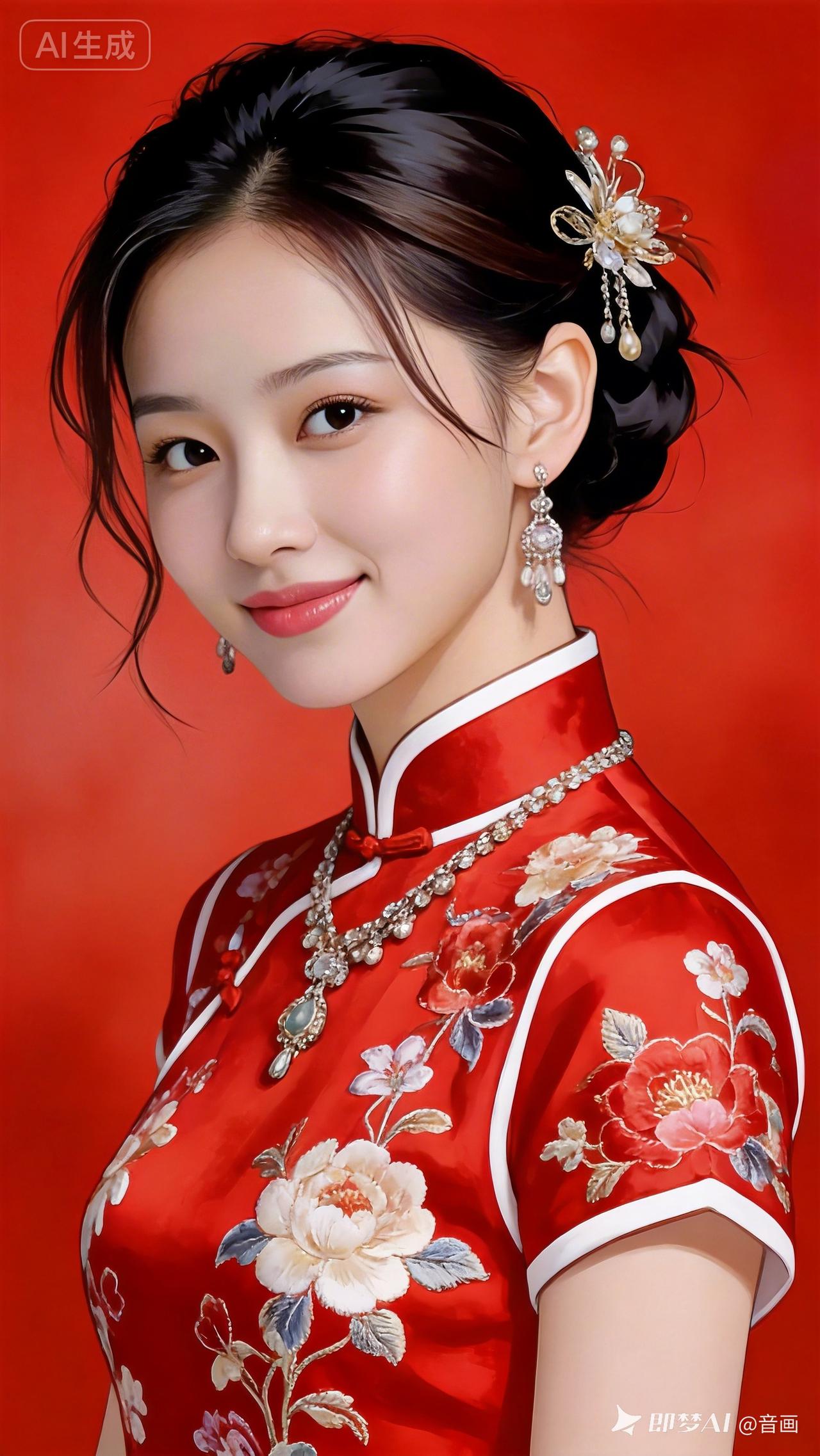 绝色美人全身照，肌肤晶莹如玉，身着红底白边手工刺绣花卉短袖旗袍。盘发微乱搭配精致