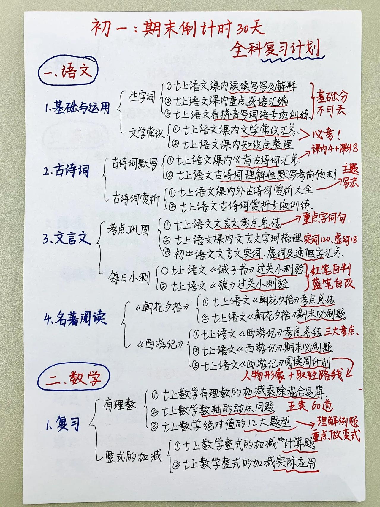 七上期末考倒计时30天，学霸班的复习计划