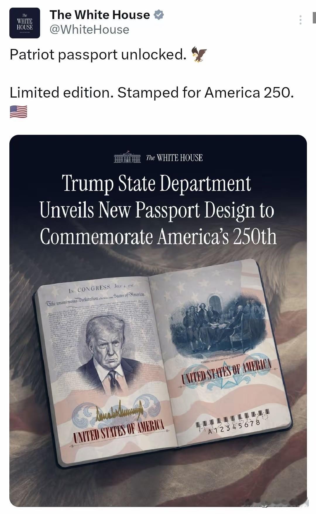 又整新活，特朗普照片印上美国护照

美国各家媒体都在发布，美国更新了新护照，特朗